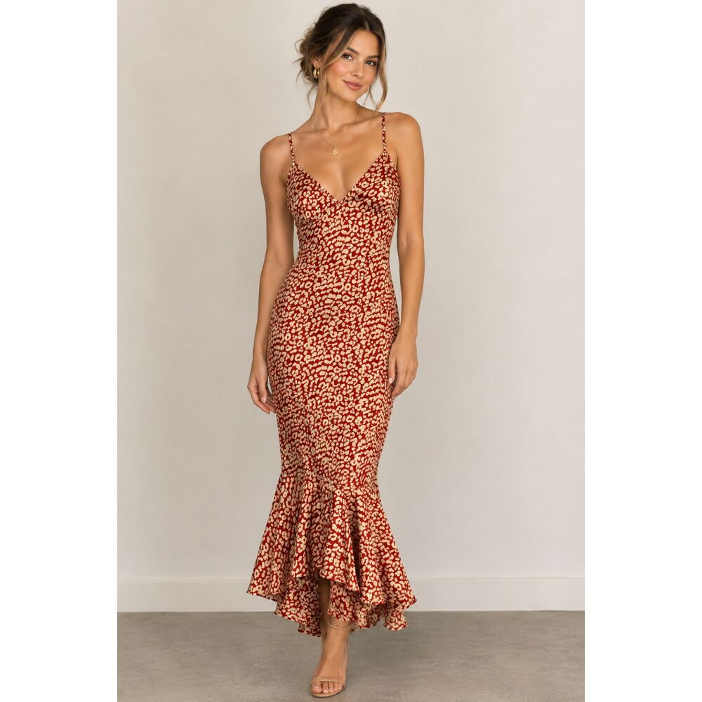 Rust Red Leopard Slip Dress 0 XXS Babydoll Ruffle Hem Maxi Slip Dress 0 XXS